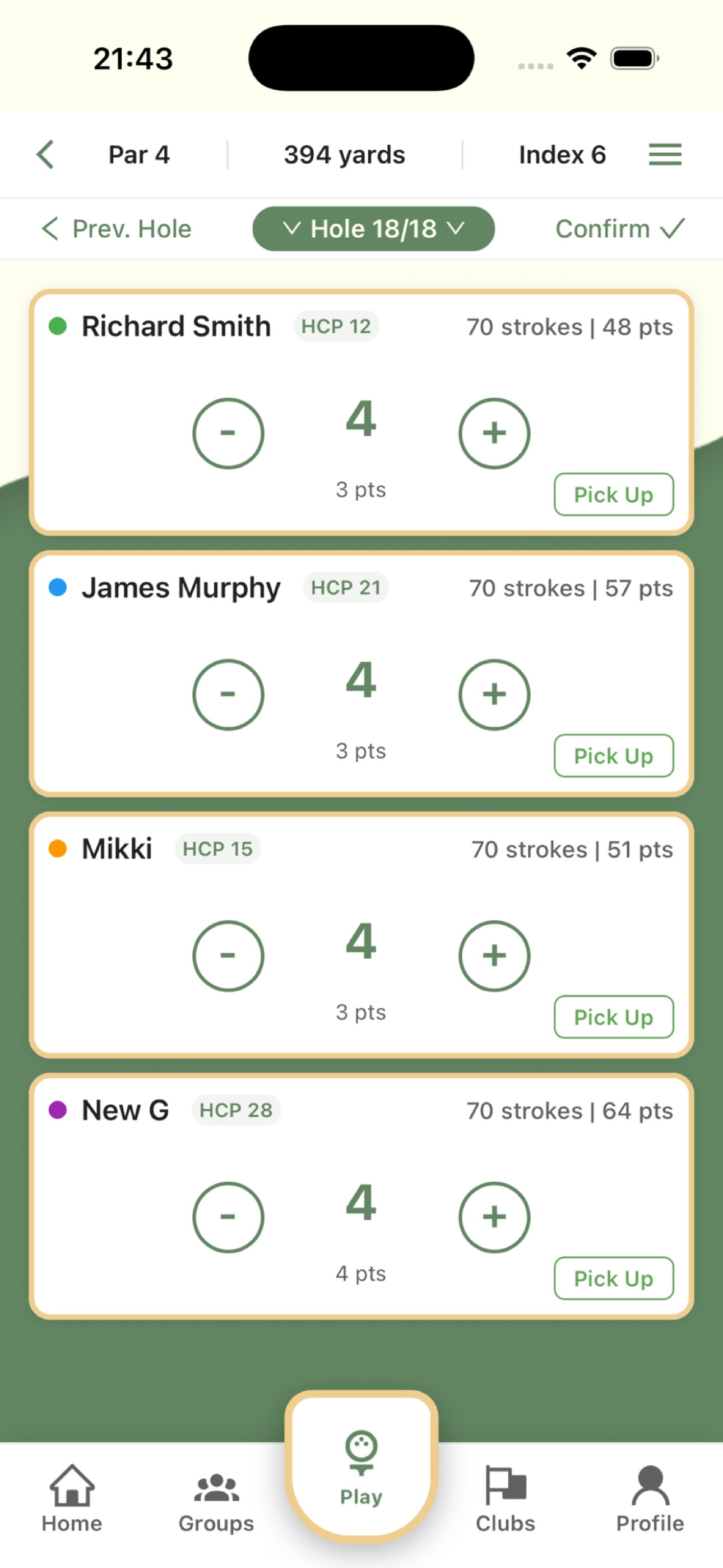 Hole scoring screen